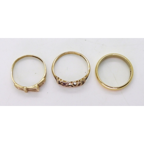 724 - An 18ct gold  wedding ring, hallmarked Glasgow 1933, weight 3.8gms, and two 9ct gold rings... 