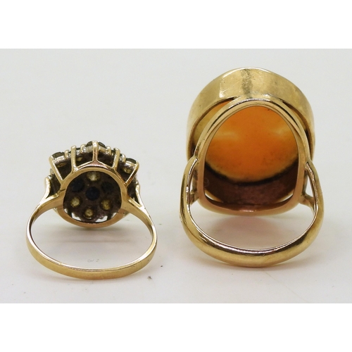 732 - A 9ct gold cameo ring, size Q, together with a sapphire and clear gem set cluster ring size O1/2, we... 