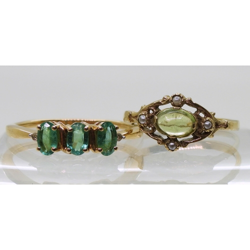 738 - A 9ct gold apatite and diamond ring, size S, together with a 9ct gold peridot and faux pearl ring, s... 