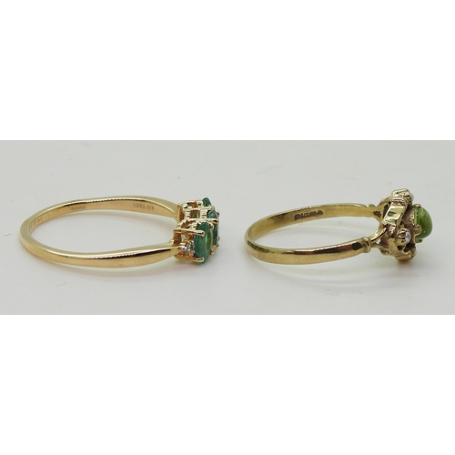 738 - A 9ct gold apatite and diamond ring, size S, together with a 9ct gold peridot and faux pearl ring, s... 