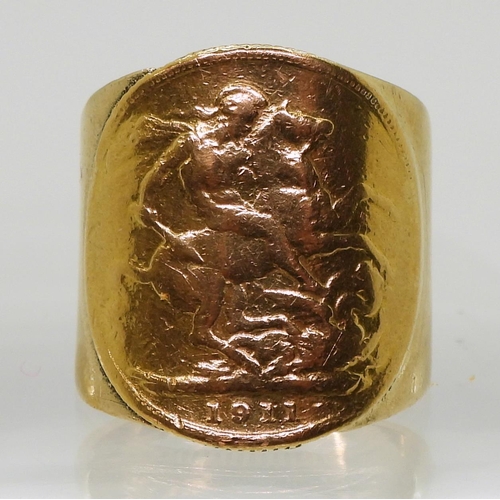 746 - A 1911 gold full sovereign with a  soldered on 9ct gold shank, size approx O1/2, weight 13.1gms