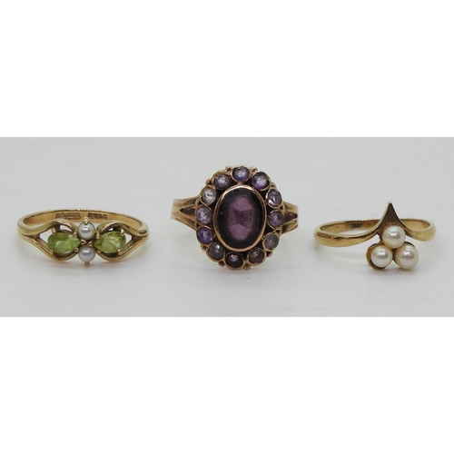 748 - A 9ct gold peridot and pearl ring, size N, a 9ct pearl ring, size k, and a purple gem set ring, weig... 