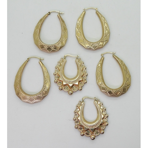 752 - Three pairs of large 9ct gold creole hoop earrings, fancy pattern length 3.8cm, oval 4.2cm, weight c... 