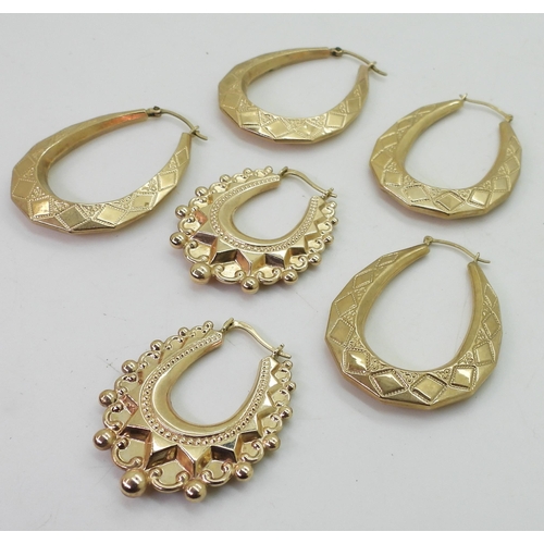 752 - Three pairs of large 9ct gold creole hoop earrings, fancy pattern length 3.8cm, oval 4.2cm, weight c... 