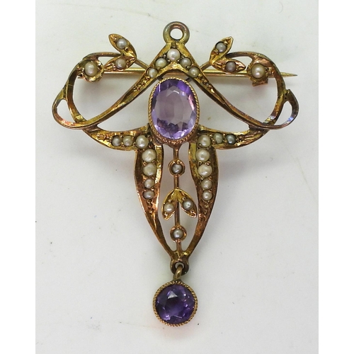 755 - A 9ct gold pearl and amethyst Edwardian brooch, length 4cm, weight 3.4gms