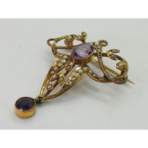 755 - A 9ct gold pearl and amethyst Edwardian brooch, length 4cm, weight 3.4gms