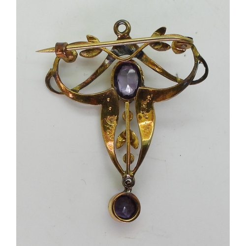 755 - A 9ct gold pearl and amethyst Edwardian brooch, length 4cm, weight 3.4gms