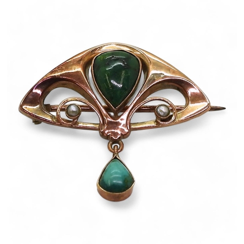 760 - A 9ct rose gold Edwardian Art nouveau turquoise and pearl brooch, weight 2.5gms