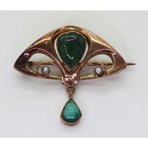 760 - A 9ct rose gold Edwardian Art nouveau turquoise and pearl brooch, weight 2.5gms