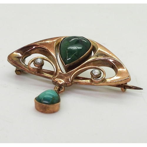 760 - A 9ct rose gold Edwardian Art nouveau turquoise and pearl brooch, weight 2.5gms