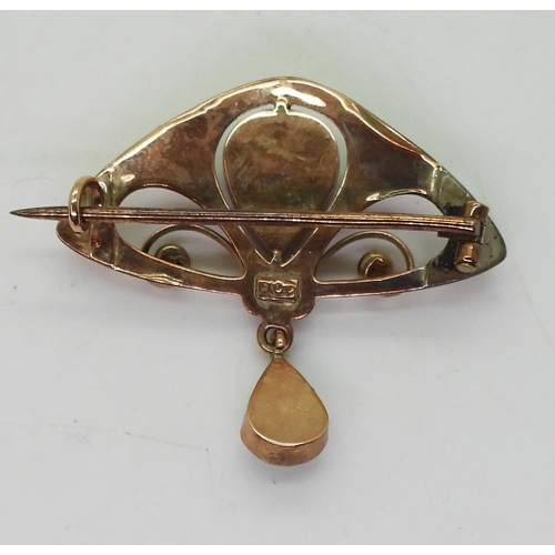 760 - A 9ct rose gold Edwardian Art nouveau turquoise and pearl brooch, weight 2.5gms