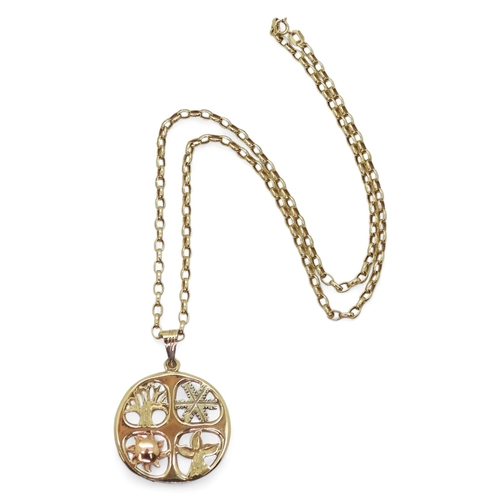 768 - A 14k three colour gold Four Seasons pendant weight 4.7gms, together with a 9ct gold 45cm belcher ch... 