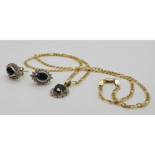 769 - A 9ct gold sapphire and diamond pendant with similar earrings, weight 3.4gms, together with a 46cm 1... 