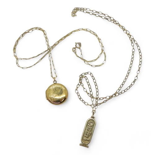 770 - A 9ct gold Egyptian hieroglyph pendant and chain, and a 9ct back & front locket and chain, weigh... 