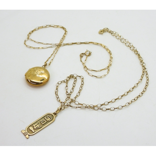 770 - A 9ct gold Egyptian hieroglyph pendant and chain, and a 9ct back & front locket and chain, weigh... 