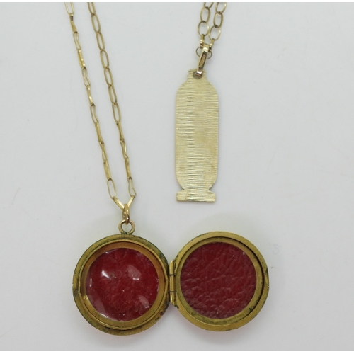 770 - A 9ct gold Egyptian hieroglyph pendant and chain, and a 9ct back & front locket and chain, weigh... 