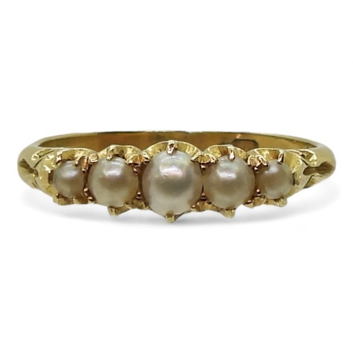 772 - A bright yellow metal split pearl ring, size J1/2, weight 2gms