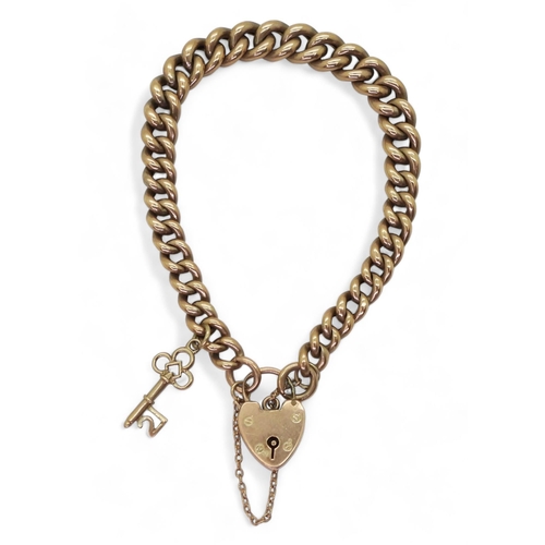 779 - A 9c tapered curb chain bracelet, with heart shaped clasp, and 21st key charm, length 18cm, weight 1... 