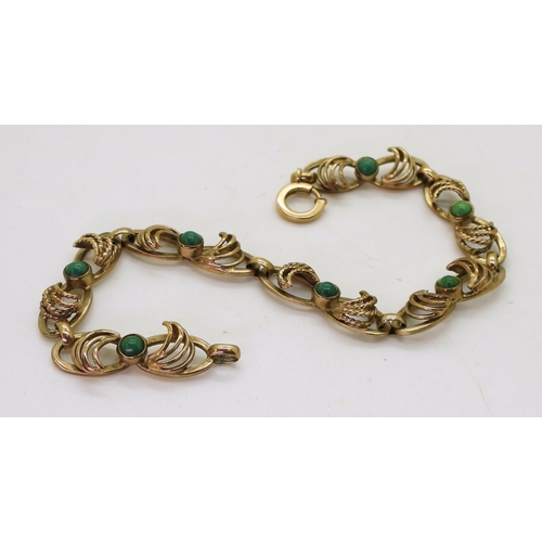 780 - A 9ct gold turquoise set bracelet, length 19cm, weight 10.7gms