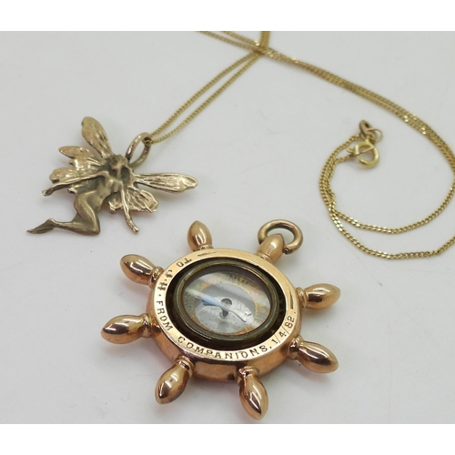 781 - A 9ct gold fairy pendant and 44cm fine curb chain, weight 2.4gms and a 10K gold ships wheel pendant,... 