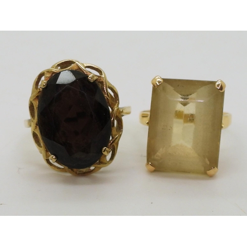 786 - Two quartz rings, a smoky quartz in 9ct mount finger size U, together with a citrine in bright yello... 