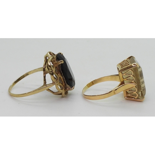 786 - Two quartz rings, a smoky quartz in 9ct mount finger size U, together with a citrine in bright yello... 