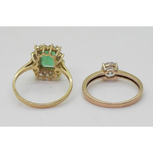 794 - A 14k green & c;lear gem set cluster ring, size Q, together with a 14k gold cz solitaire ring, s... 