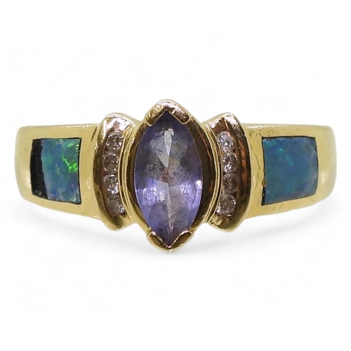 796 - A 14k gold tanzanite, opal and diamond ring, size L1/2, weight 4.5gms