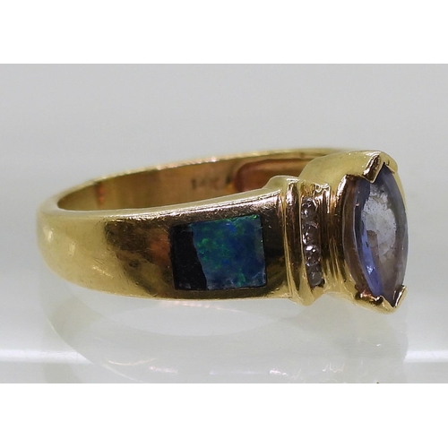 796 - A 14k gold tanzanite, opal and diamond ring, size L1/2, weight 4.5gms