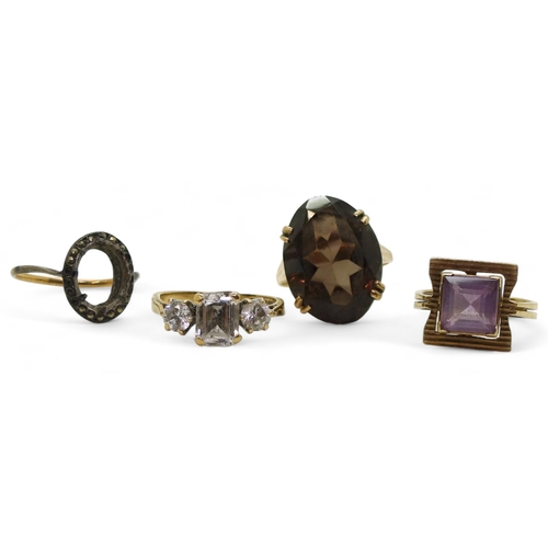 798 - Four 9ct and yellow metal rings, amethyst size M, smoky quartz M1/2, Cz P, yellow  and white me... 