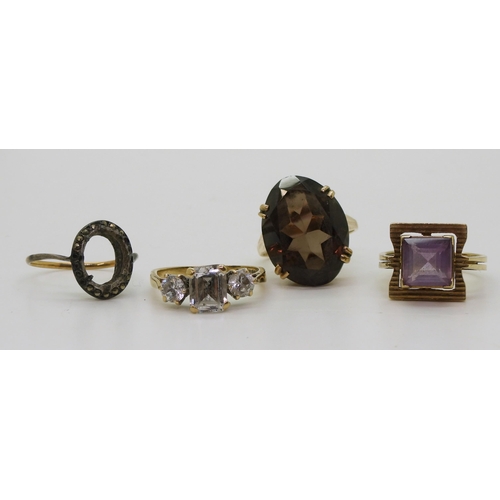 798 - Four 9ct and yellow metal rings, amethyst size M, smoky quartz M1/2, Cz P, yellow  and white me... 