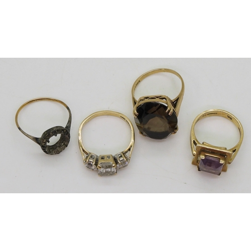 798 - Four 9ct and yellow metal rings, amethyst size M, smoky quartz M1/2, Cz P, yellow  and white me... 