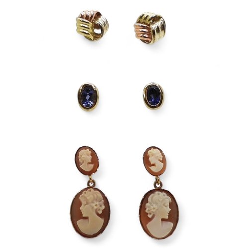 814 - A pair of 18ct gold cameo earrings, weight 2.7gms, a pair of 9ct gold blueberry quartz earrings, and... 