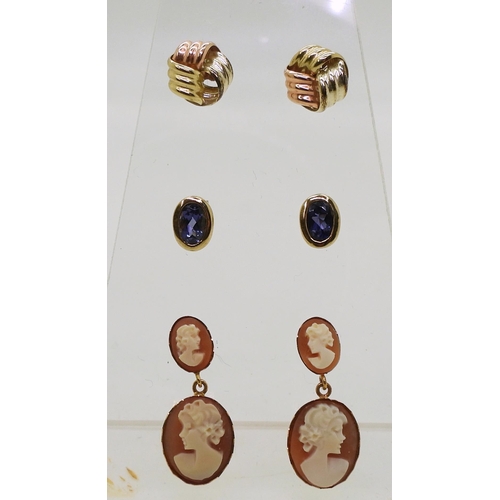 814 - A pair of 18ct gold cameo earrings, weight 2.7gms, a pair of 9ct gold blueberry quartz earrings, and... 