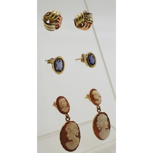 814 - A pair of 18ct gold cameo earrings, weight 2.7gms, a pair of 9ct gold blueberry quartz earrings, and... 