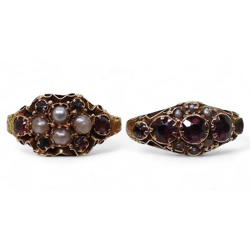 817 - A 9ct garnet and pearl ring, size O1/2, together with a similar example size M1/2, both with Victori... 