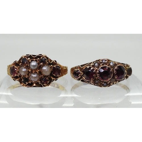 817 - A 9ct garnet and pearl ring, size O1/2, together with a similar example size M1/2, both with Victori... 