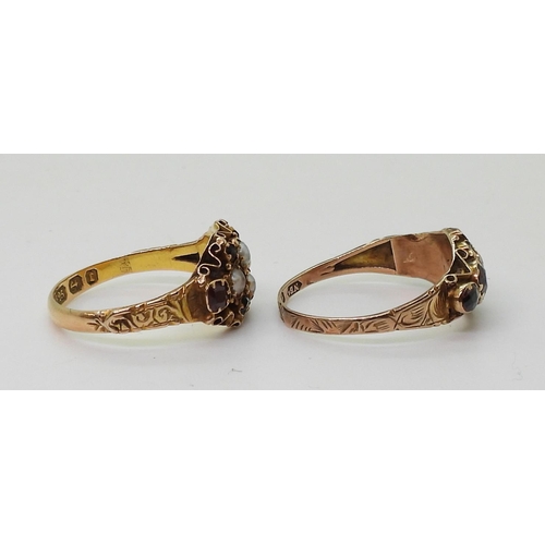 817 - A 9ct garnet and pearl ring, size O1/2, together with a similar example size M1/2, both with Victori... 