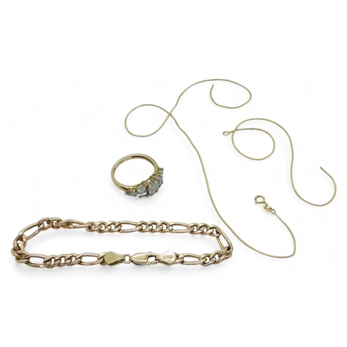 821 - A 9ct gold curb chain bracelet (hollow)18cm, a 9ct gold five stone aquamarine and diamond ring, size... 