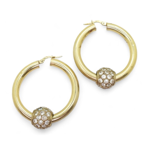 827 - A large pair of hoop earrings with cz studded bead details, diameter 3.7cm, weight 8.5gms