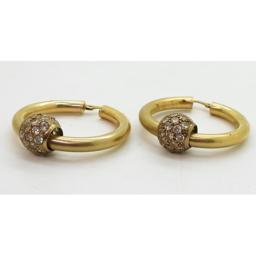 827 - A large pair of hoop earrings with cz studded bead details, diameter 3.7cm, weight 8.5gms