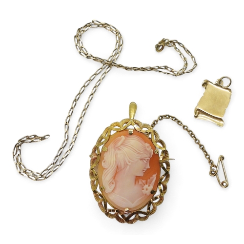 832 - A 9ct gold cameo pendant brooch, together  with a 40cm chain and yellow metal prayer charm, wei... 