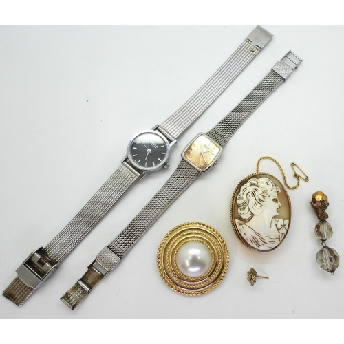 836 - A 9ct gold mounted cameo brooch, weight 14.3gms, a ladies Avia watch, Seiko watch and other items of... 