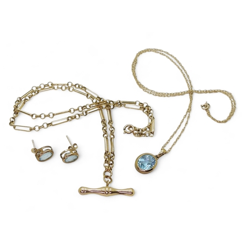 838 - A 9ct gold 'T' bar necklace chain length 44cm, and a blue topaz pendant  and earrings, weight t... 