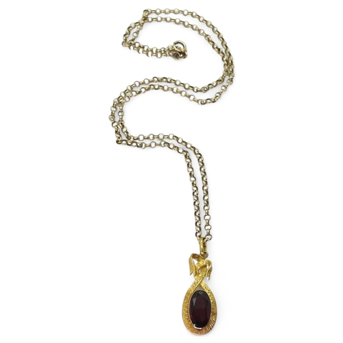 840 - A bright yellow metal garnet pendant, weight 2.2gms, together with a 46cm belcher chain, weight 3.8g... 