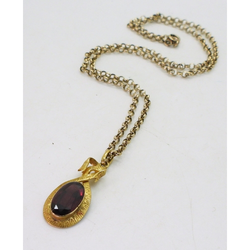 840 - A bright yellow metal garnet pendant, weight 2.2gms, together with a 46cm belcher chain, weight 3.8g... 