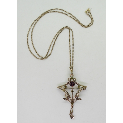 845 - A 9ct gold Edwardian pendant brooch, set with pearls and purple and green gems, weight 4.1gms