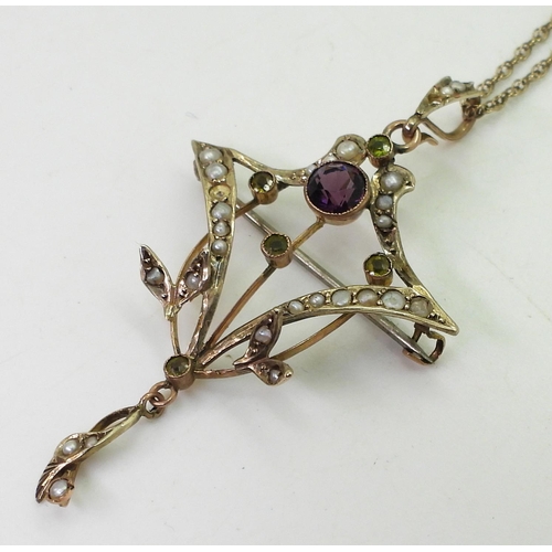 845 - A 9ct gold Edwardian pendant brooch, set with pearls and purple and green gems, weight 4.1gms