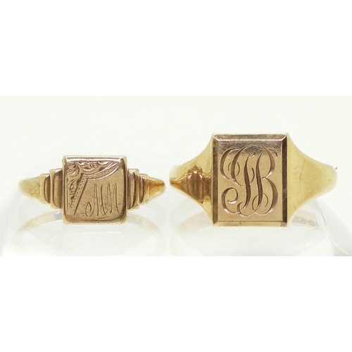 851 - Two 9ct gold signet rings, sizes V, and N1/2, weight together 7gms