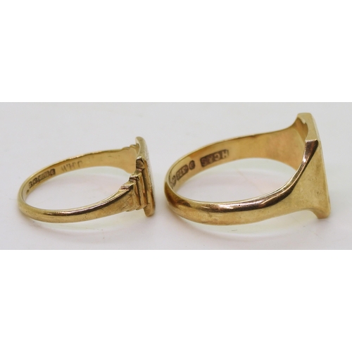 851 - Two 9ct gold signet rings, sizes V, and N1/2, weight together 7gms